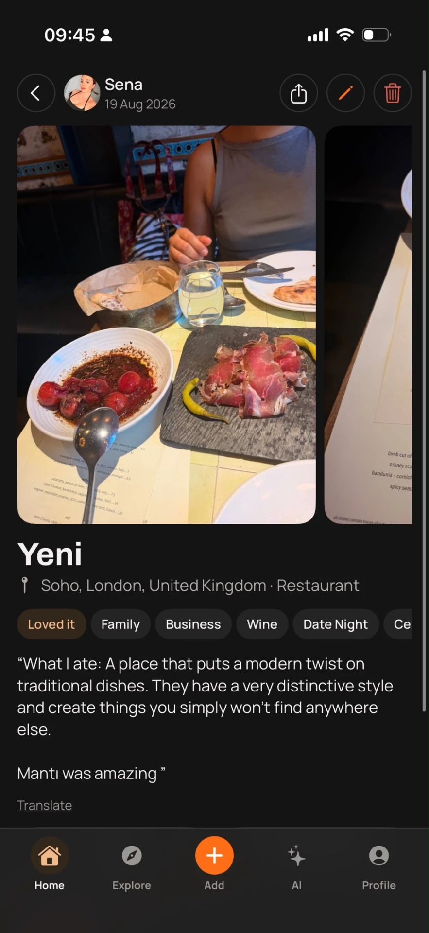 Yeni restaurant entry in Soho, London, with tags and a review in the Wealin app