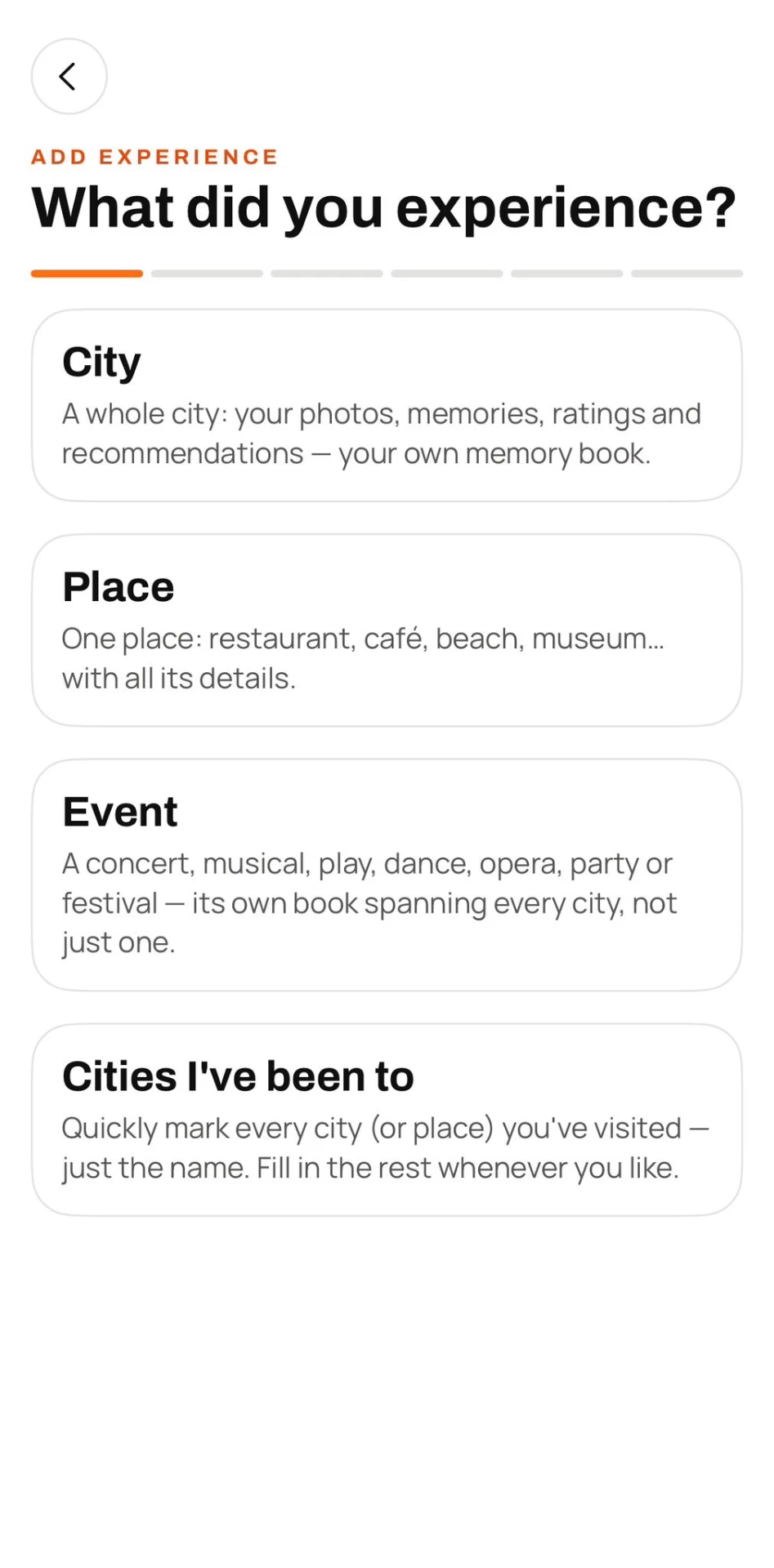 Wealin Add Experience screen showing City, Place, Event and Cities I've been to options