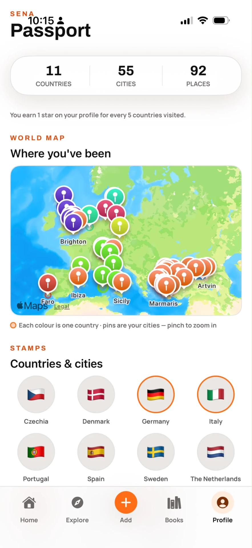 Worldly passport screen with countries, cities and a world map of pins