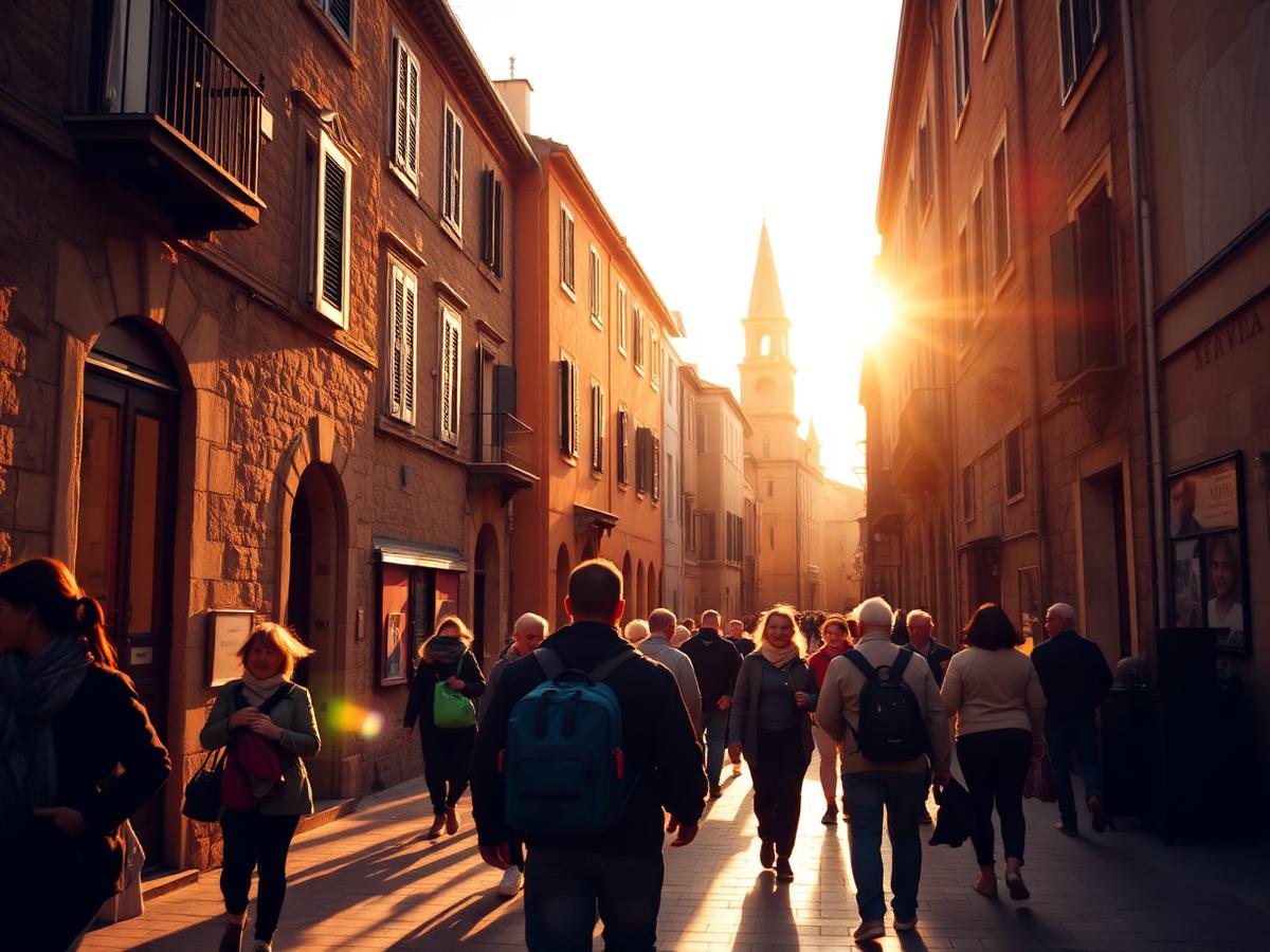 Travellers walking through a sunlit old city street