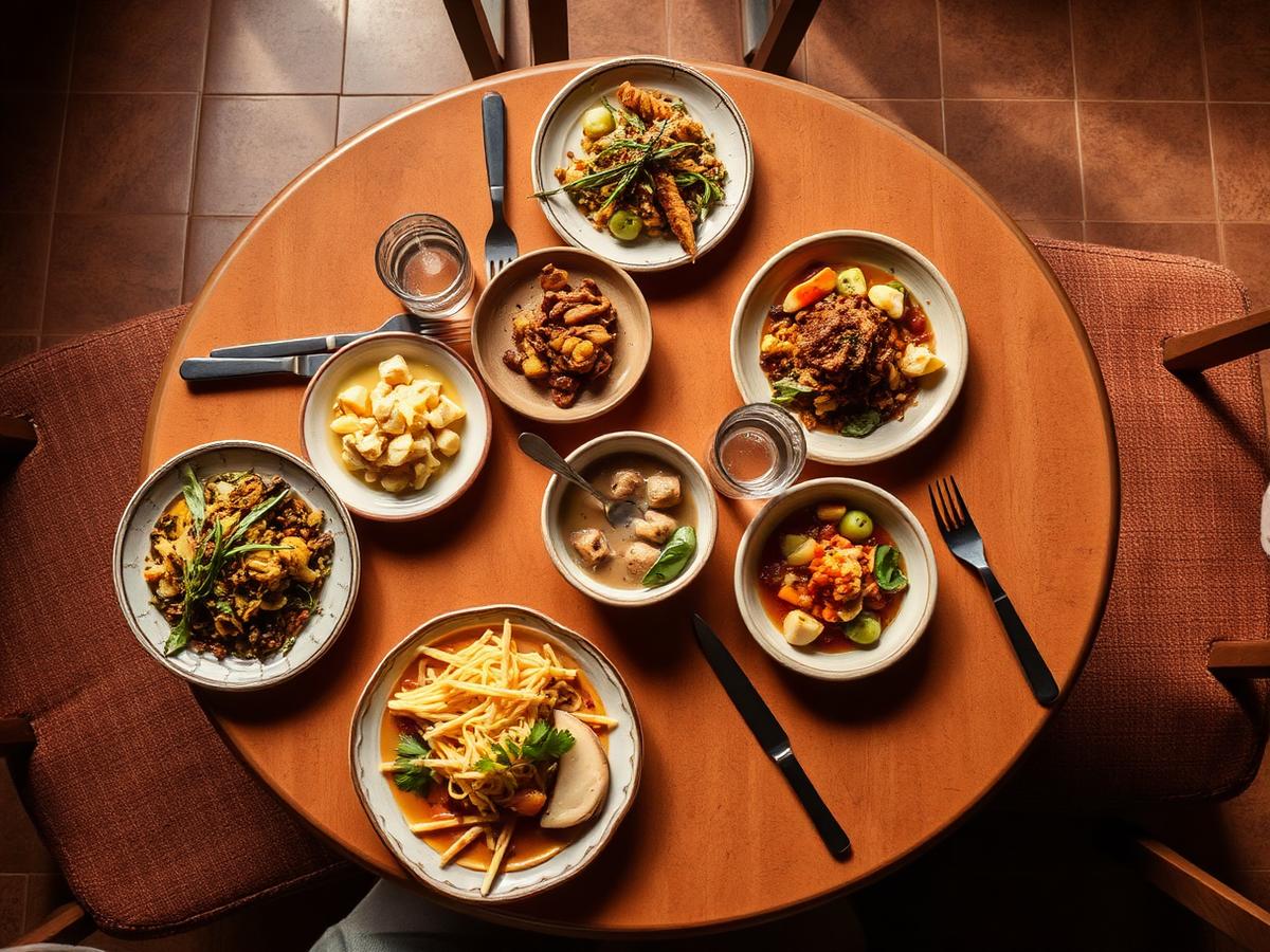A table of local dishes seen from above